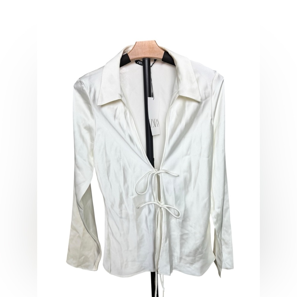 NWT Zara Ivory Satin Tie-Front Blouse size XL